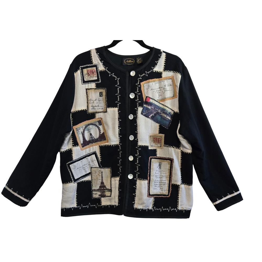 Allure Paris Artsy Chic Postcard Patchwork Jacket Black White Vintage Style L
